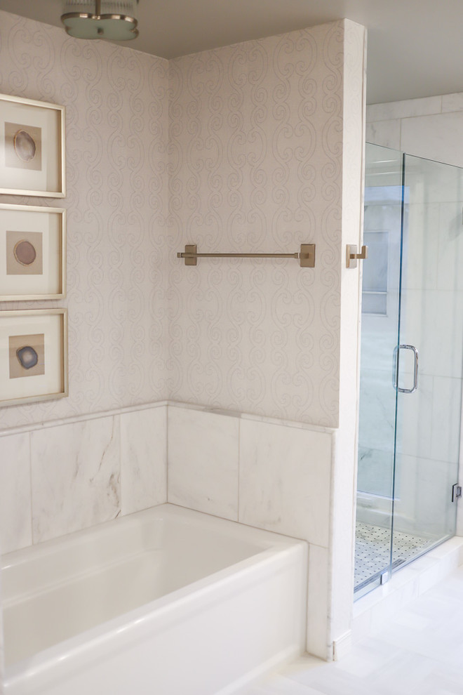 Mid-sized transitional master white tile and marble tile ceramic tile and gray floor alcove bathtub photo with gray walls, beaded inset cabinets, white cabinets, a two-piece toilet, an undermount sink, quartzite countertops and a hinged shower door