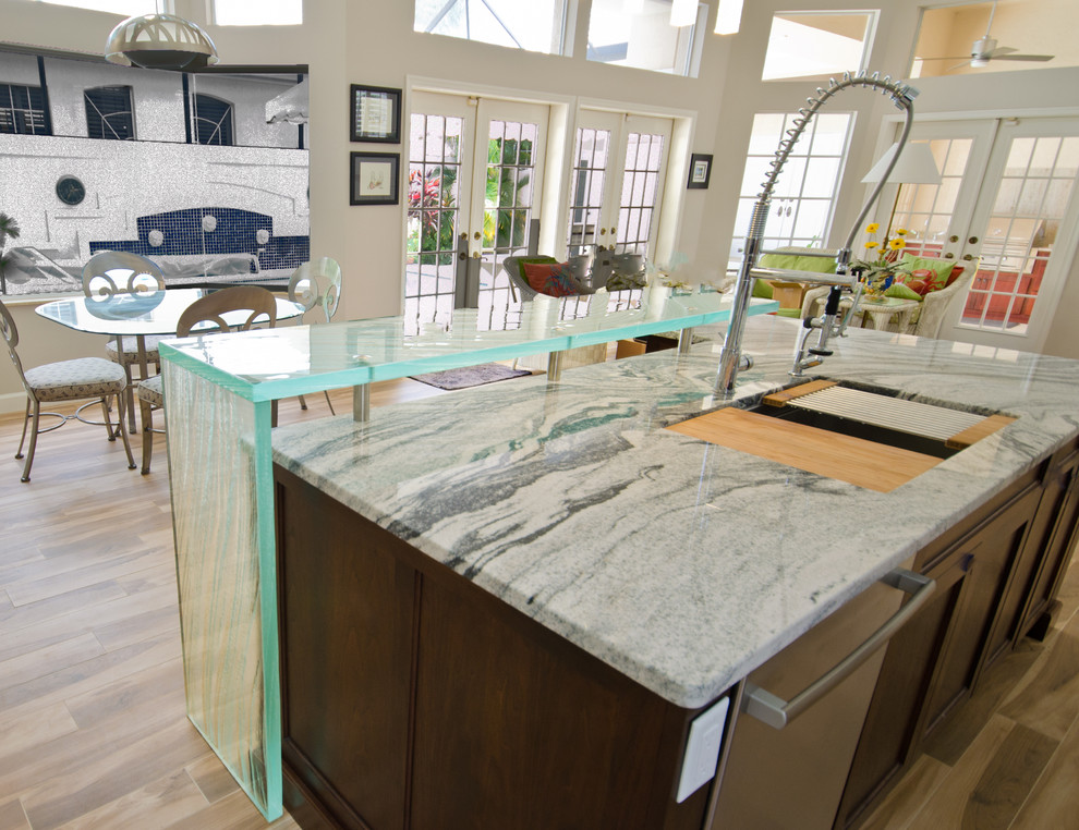 Waterfall Edge Glass Countertop High Bar Contemporary Kitchen