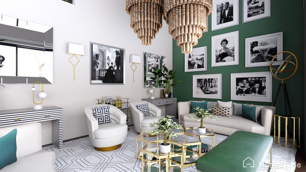 Источник вдохновения для домашнего уюта: гостиная комната в стиле модернизм с зелеными стенами и обоями на стенах