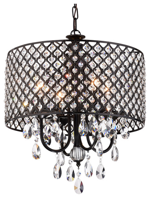 Marya 4-Light Black Metal Round Beaded Drum Chandelier Hanging Crystals  Glam - Traditional - Chandeliers - by Edvivi LLC | Houzz