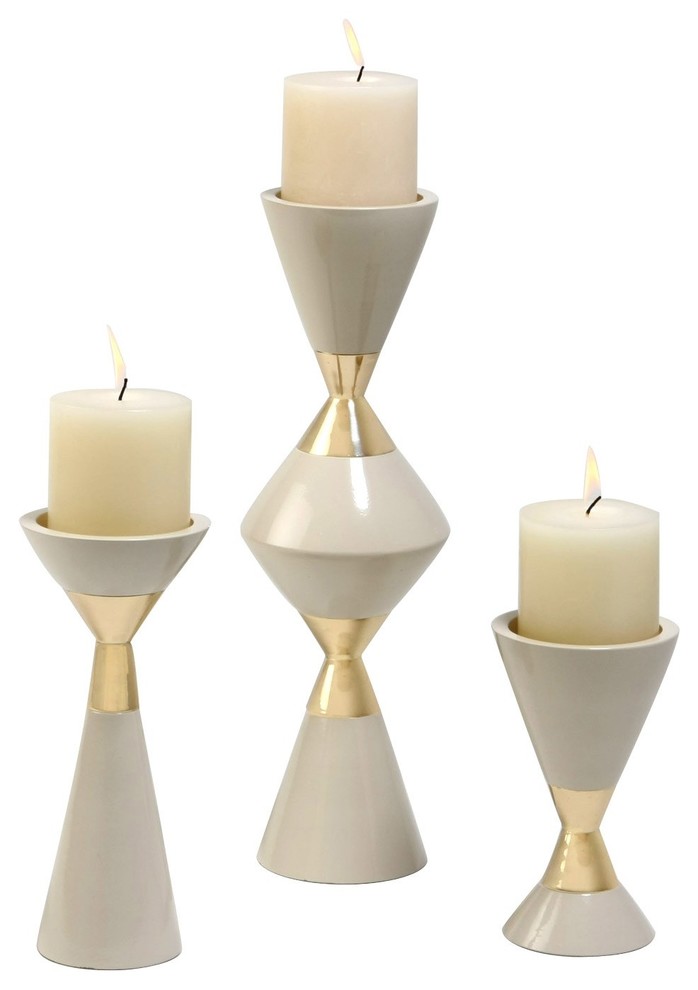 DwellStudio Hourglass Cream Pillar Candleholder Set