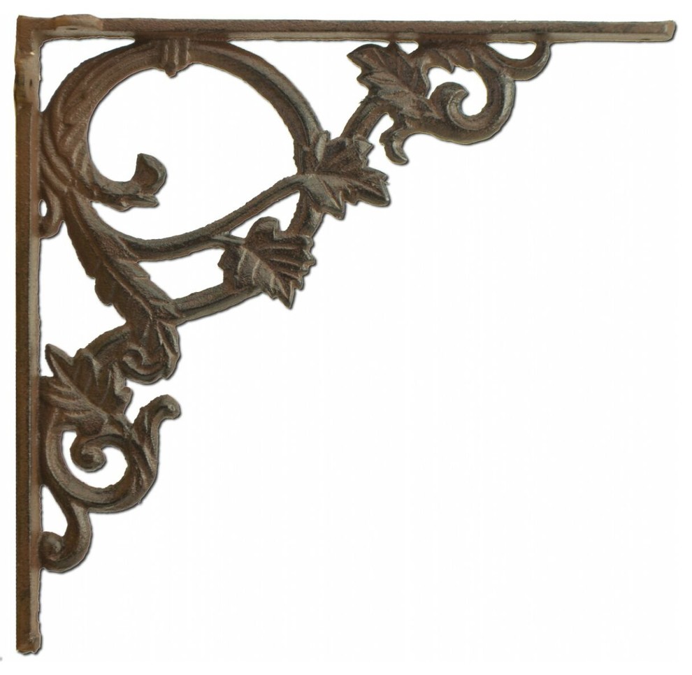 Decorative Shelf Bracket, Ornate Leaf, Rust Brown Cast Iron, 9.375