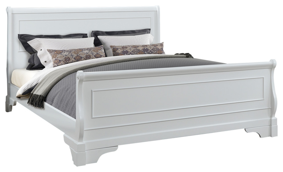 Traditional Queen Size Wooden Sleigh Headboard With Curved Back, White
