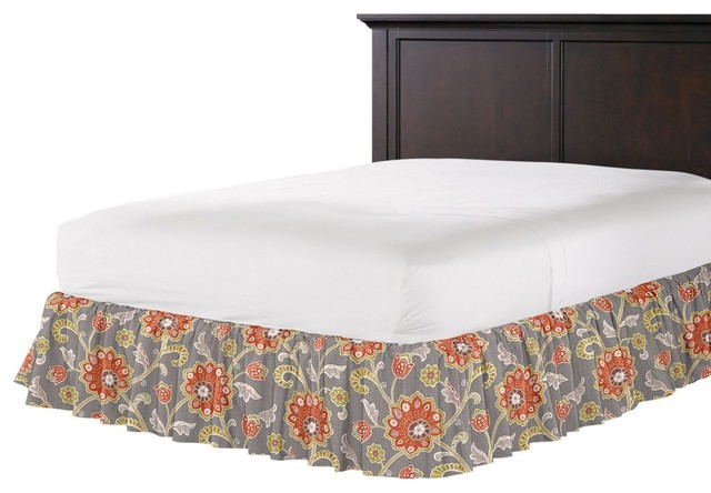 Modern Coral and Gray Floral Ruffle Bed Skirt ...