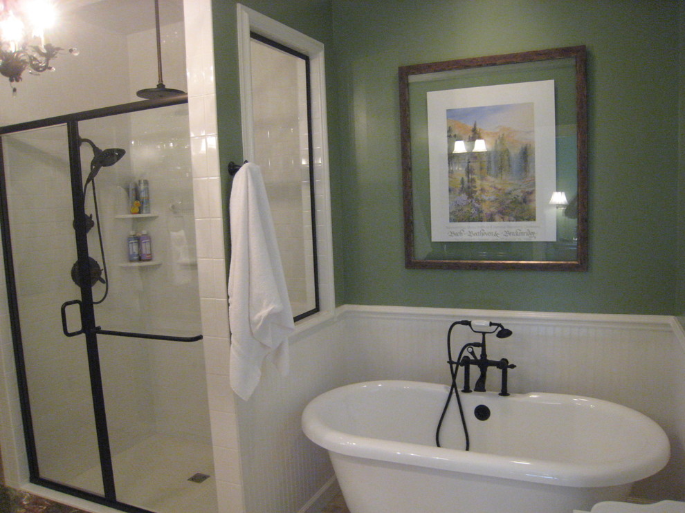 Mid-sized transitional white tile and subway tile freestanding bathtub photo with green walls
