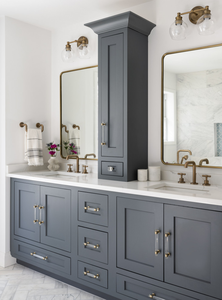 Inspiration for a large master bathroom in Boston with blue cabinets, a freestanding tub, a curbless shower, a bidet, marble, grey walls, marble floors, an undermount sink, engineered quartz benchtops, white floor, a hinged shower door, white benchtops, a niche, a double vanity and a built-in vanity.