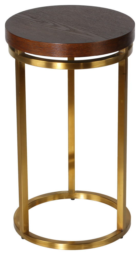 Cortesi Home Kufu Round Side Table, Gold Stainless Steel and Wood Top