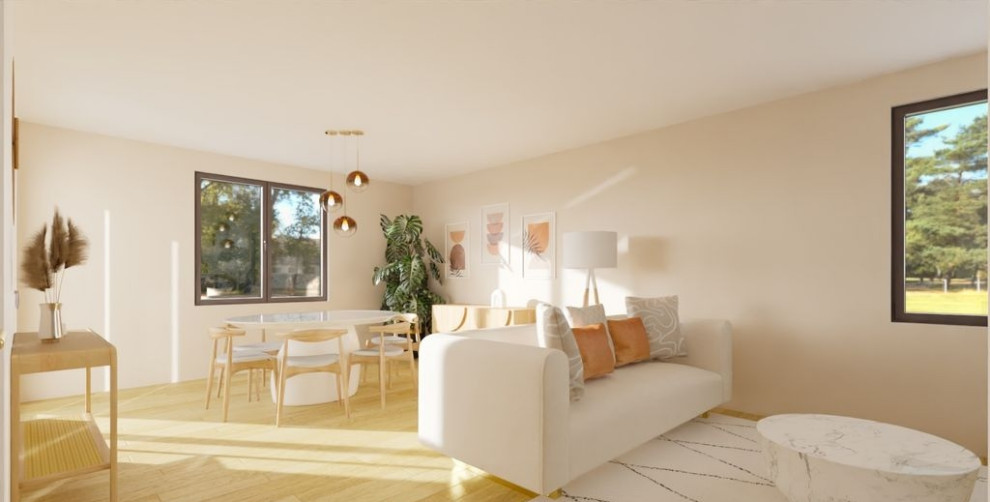 Inspiration pour une salle de séjour minimaliste de taille moyenne et fermée avec un mur beige, parquet clair, un téléviseur fixé au mur, un sol beige, une cheminée ribbon, un manteau de cheminée en béton et du papier peint.