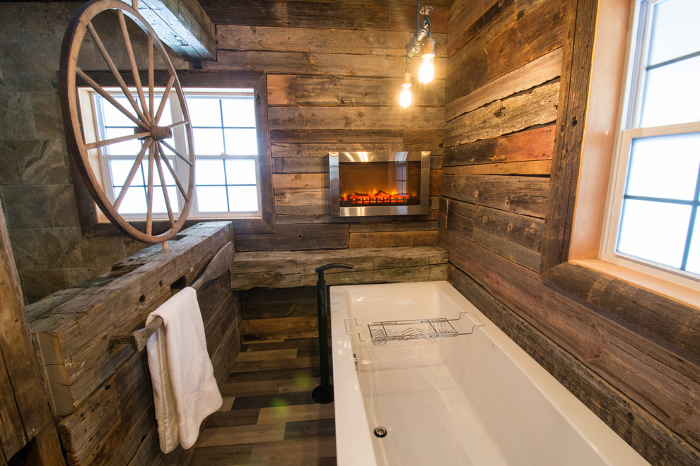 Large mountain style master doorless shower photo in Toronto with wood countertops