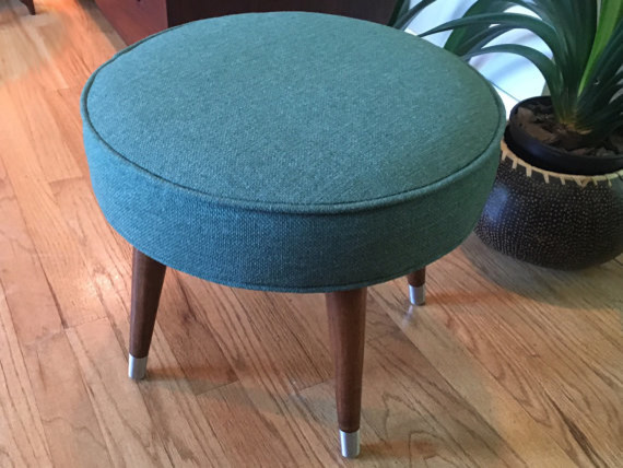 Vintage Mid Century Modern Round Ottoman Foot Stool W New Green Tweed Upholstery Midcentury Family Room New York By Black House Upholstery