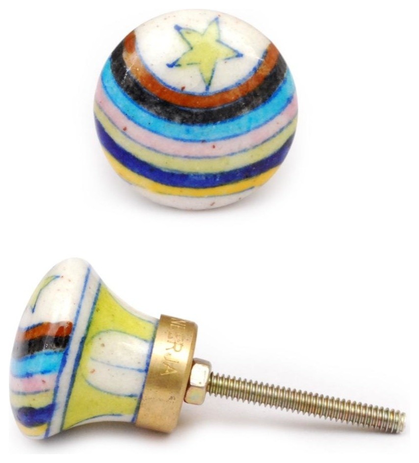 Rainbow Knobs, White Knobs W/ A Green Star & Rainbow, Set of 3