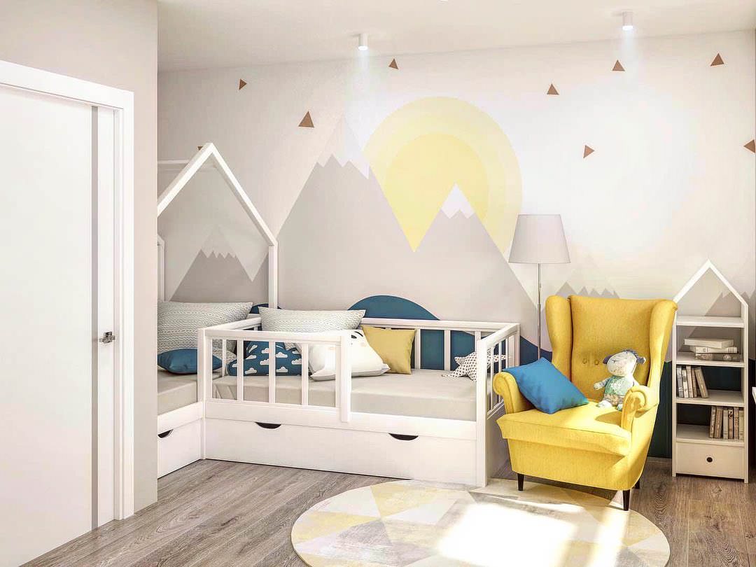 Компактная детская для двоих с горами и солнцем на обоях Alltowall