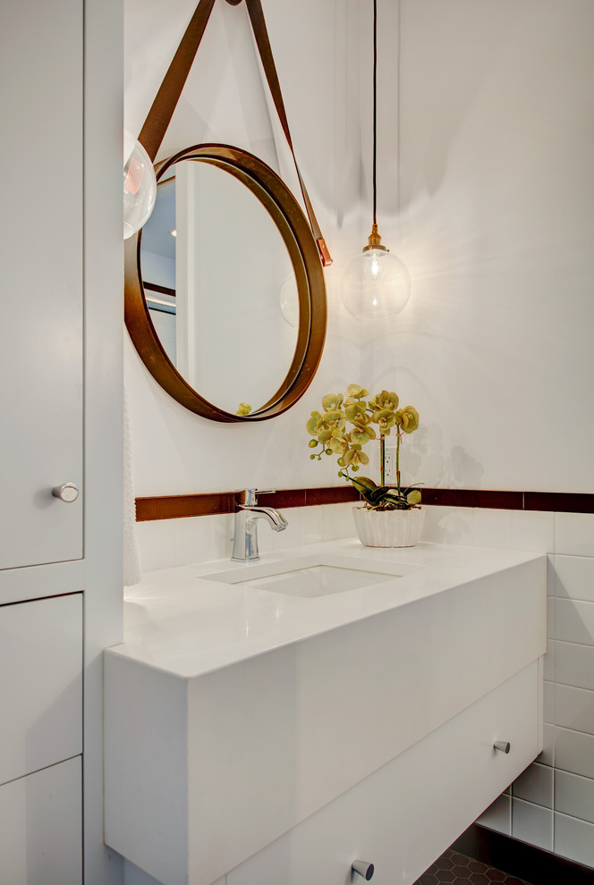 Transitional kids' white tile and mosaic tile ceramic tile bathroom photo in Calgary with flat-panel cabinets, white cabinets, a one-piece toilet, white walls, an undermount sink and quartz countertops