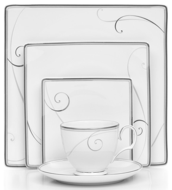 Noritake Platinum Wave Square 40 Piece China Set Contemporary Noritake Platinum Wave Square 40 Piece China Set