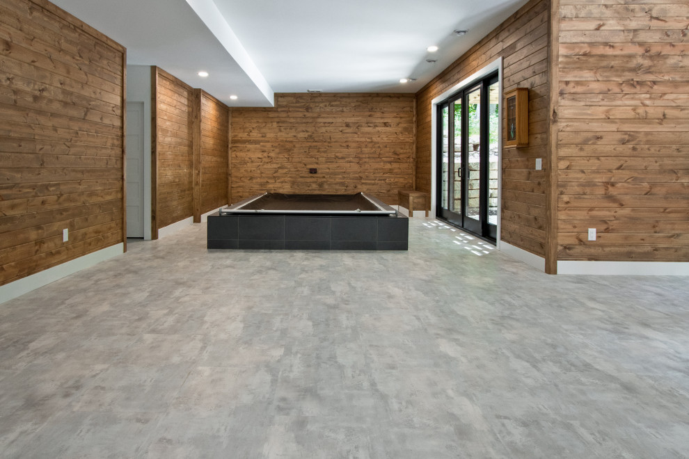 Pool - transitional indoor tile and rectangular infinity pool idea