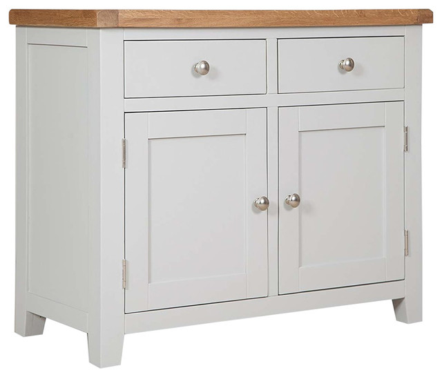 2-Door and 2-Drawer Storage Cabinet, Grey Painted Solid Wood With Oak Top