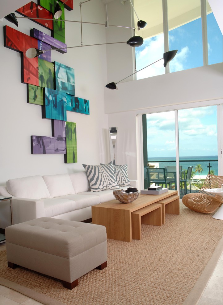 This is an example of a contemporary living room in Miami with white walls.