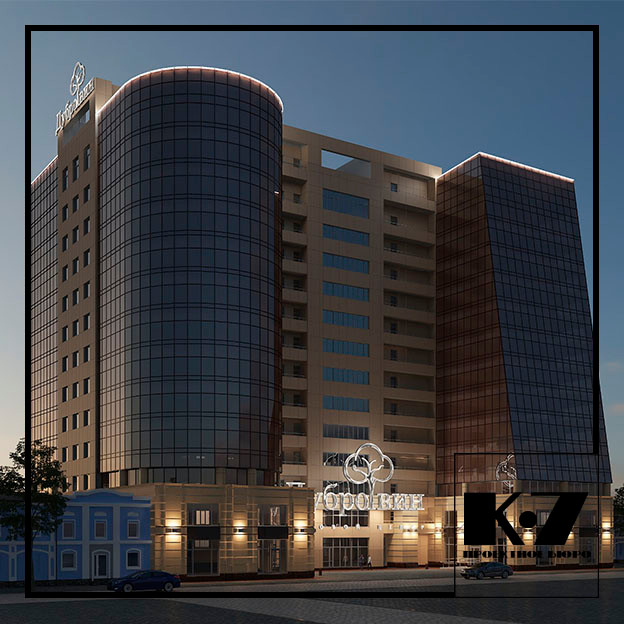 3D визуализация экстерьера офисного здания с подземной автопарковкой БЦ Дубровин