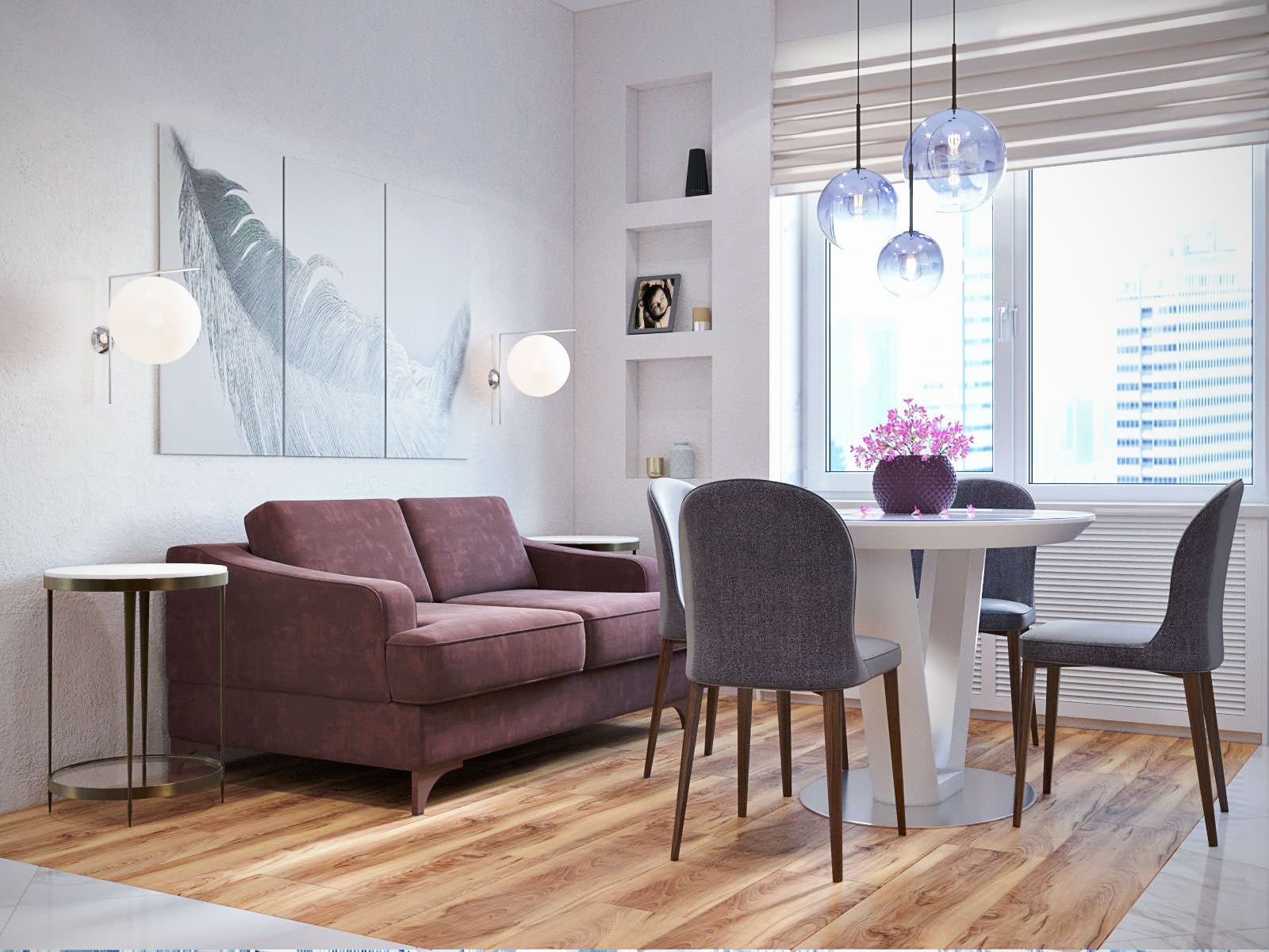 Единая зона кухни, столовой и гостиной.