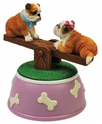 5.25" Bulldog Puppies Musical See-Saw Figurine with Purple Dog Bones