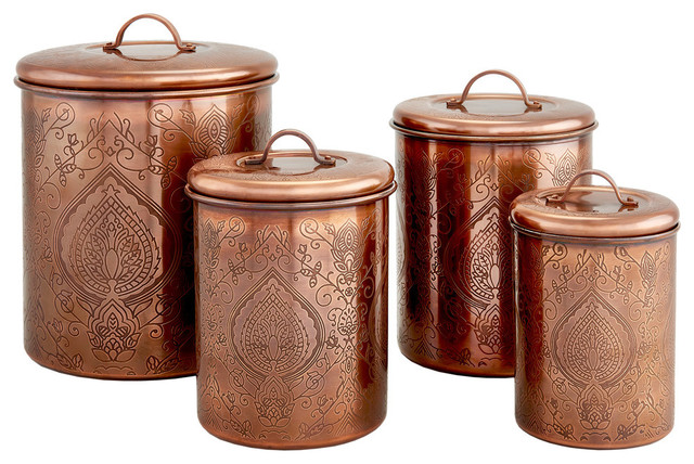 Tangier Antique Copper Etched Canisters 4 Piece Set Traditional