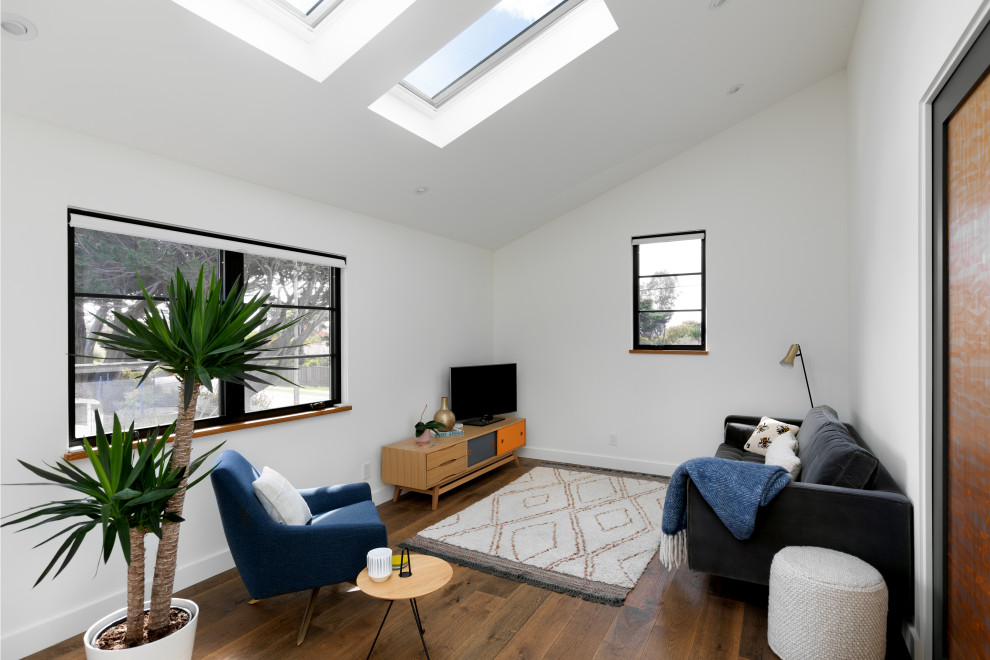 Idee per un soggiorno moderno di medie dimensioni e stile loft con pareti bianche, parquet scuro, TV autoportante, pavimento marrone e soffitto a volta