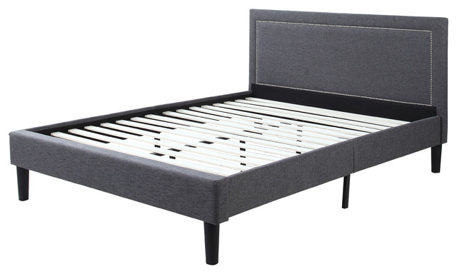 Nailhead Trimmed Grey Linen Fabric Platform Bed With Wooden Slats Nailhead Trimmed Grey Linen Fabric Platform Bed With Wooden Slats Full