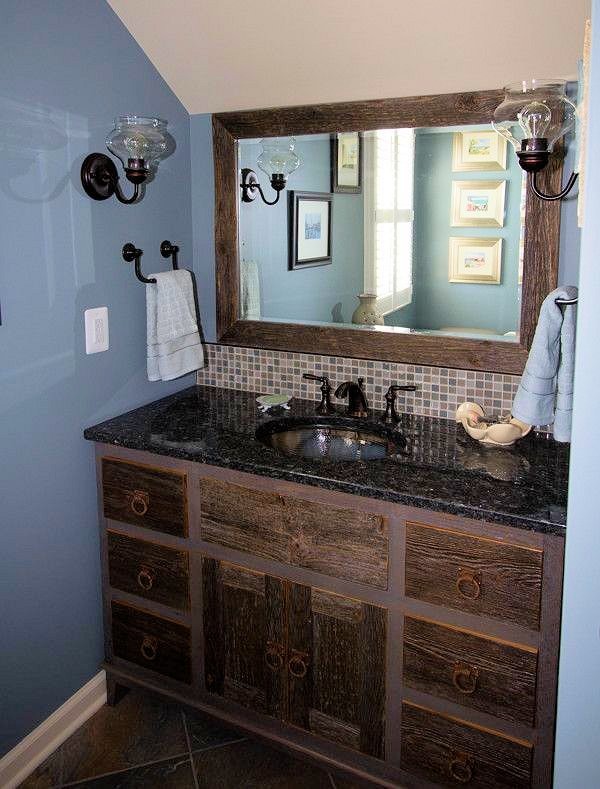 Inspiration for a country master bathroom in Minneapolis with furniture-like cabinets, distressed cabinets, beige tile, brown tile, gray tile, white tile, ceramic tile, blue walls, porcelain floors, an undermount sink and granite benchtops.