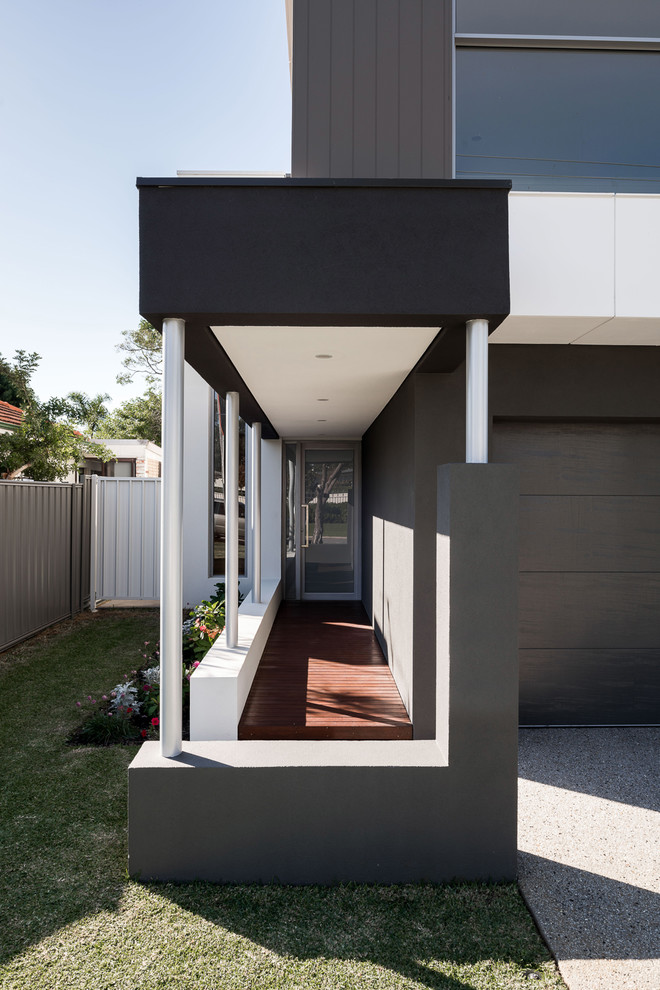 Inspiration for a modern two-storey white house exterior in Perth with mixed siding, a flat roof and a metal roof.