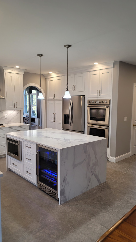 Contemporary White Kitchen - Waterfall Island