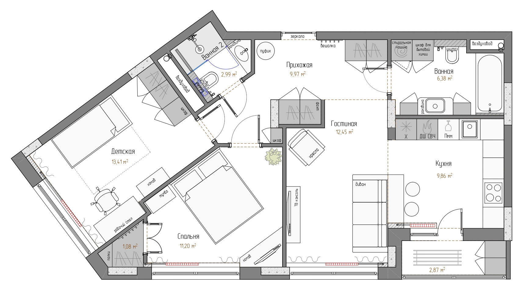 Поиск планировки: 4 плана + финал для квартиры с двумя... кухнями | Houzz  Россия