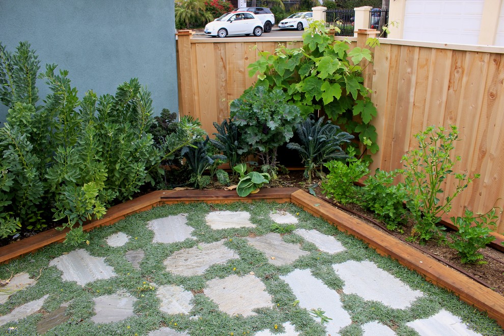 This is an example of a small midcentury backyard patio in San Diego with a vegetable garden, natural stone pavers and no cover.