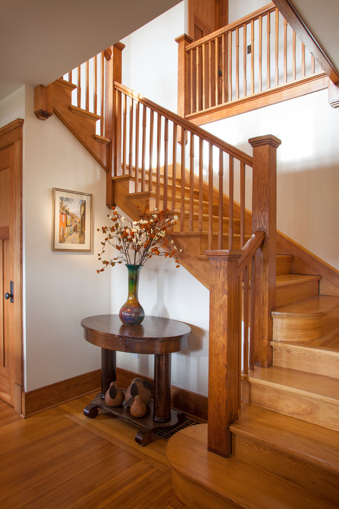This is an example of a mid-sized arts and crafts wood u-shaped staircase in Seattle with wood risers.