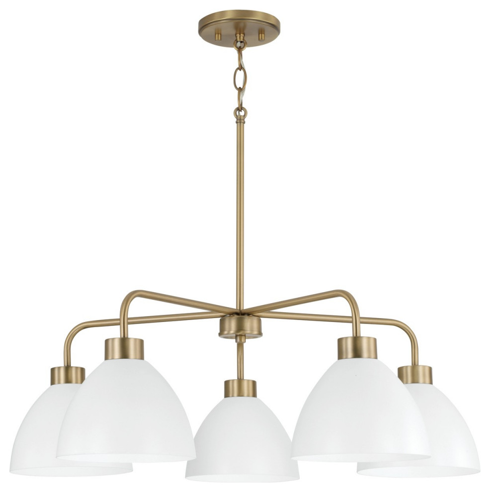 Ross Five Light Chandelier in Aged Brass and White
