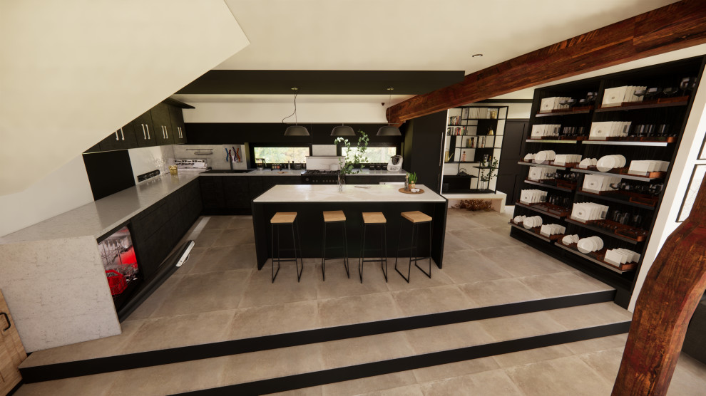 Inspiration pour cuisine ouverte in L With un évier intégré, plan de travail en marbre, une crédence grise, une crédence en marbre, un sol en carrelage de céramique, îlot, un sol gris, un plan de travail gris, poutres apparentes and des portes de placard noires.
