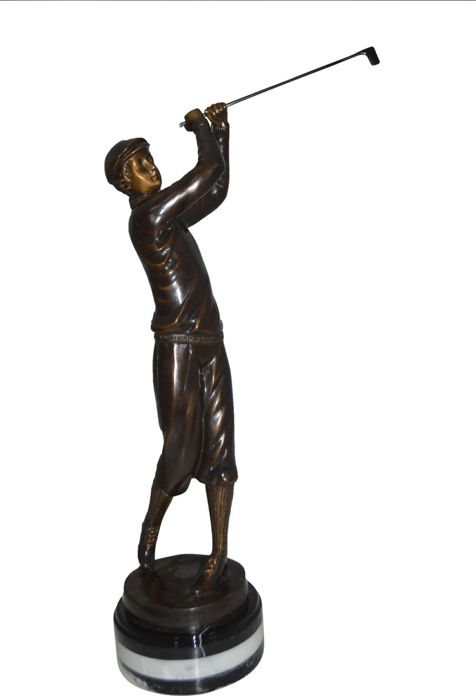 Golfer on Marble Bronze Statue Size 8"L x 8"W x 22"H. Contemporary Garden Statues And