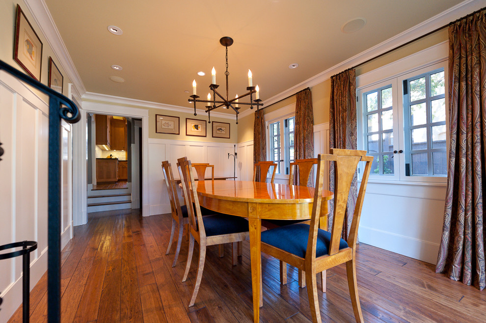 Inspiration for a large traditional separate dining room in San Francisco with beige walls, dark hardwood floors, no fireplace and brown floor.