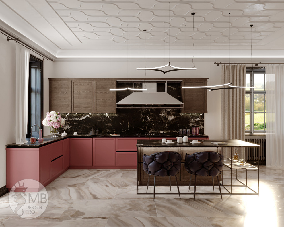 Элегантная кухня-гостиная в частном доме.