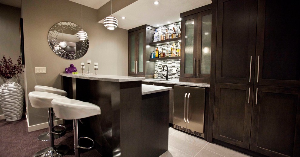 Transitional home bar in Calgary with purple floor.