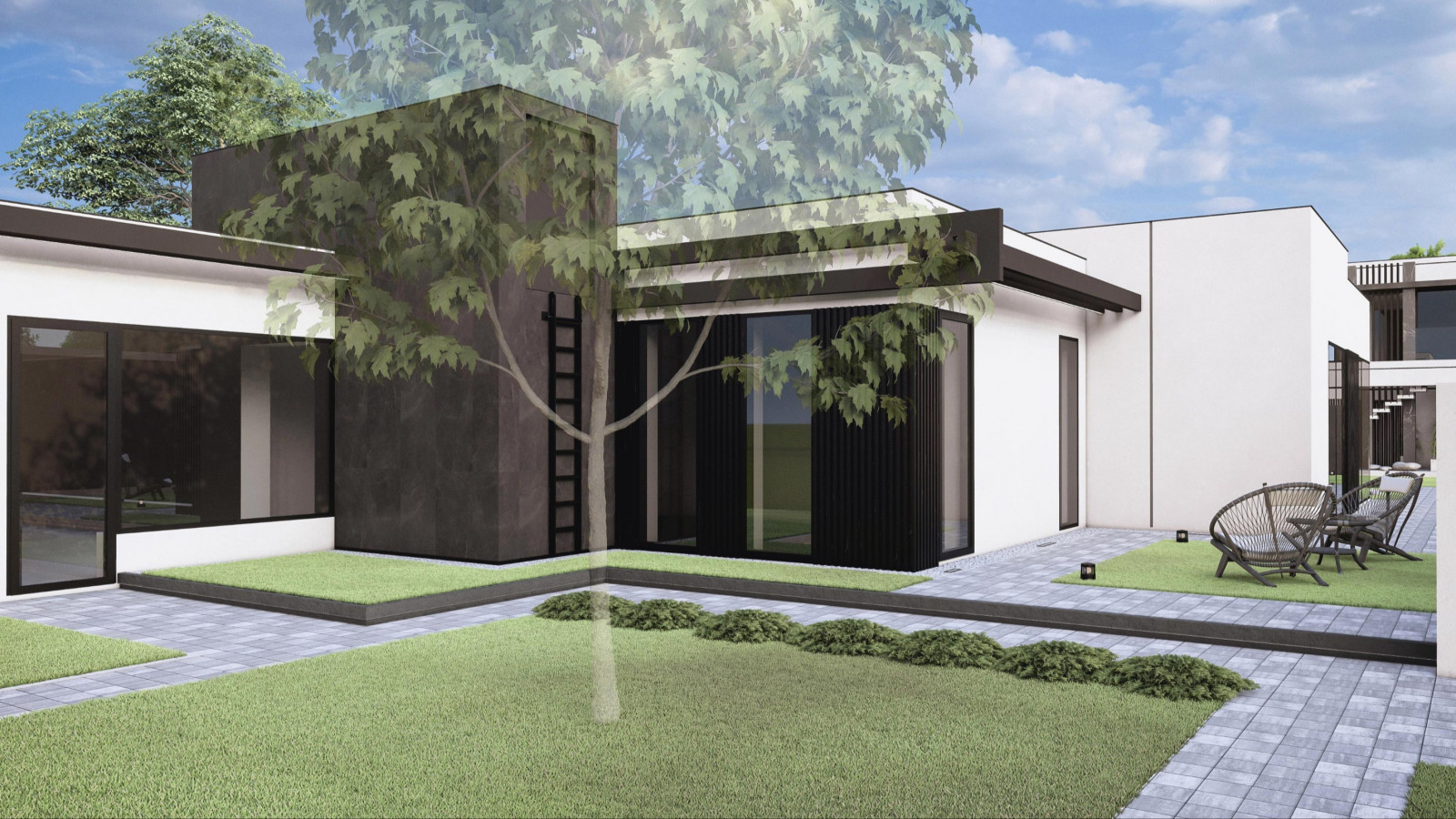 Проект фасада  и ландшафта для дома с плоской крышей