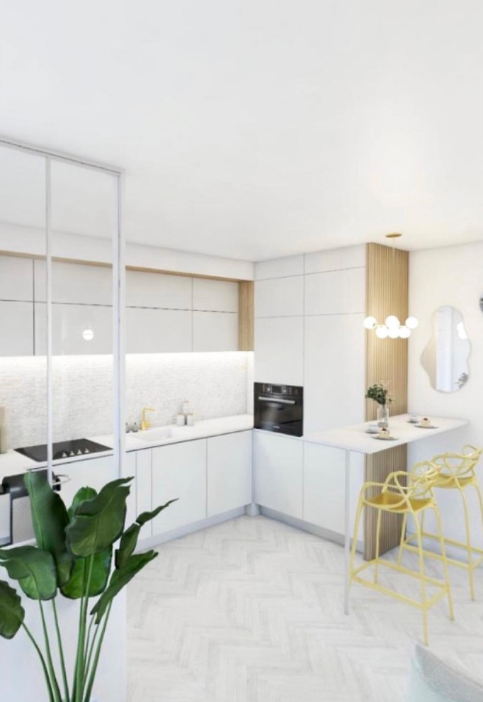 Design ideas for a small contemporary u-shaped open plan kitchen in Paris with a submerged sink, white cabinets, mosaic tiled splashback, no island and white worktops.