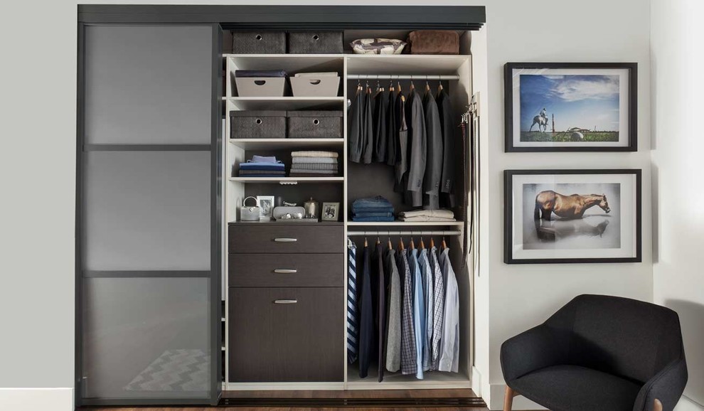 Diseño de armario de hombre minimalista de tamaño medio con suelo de madera oscura y puertas de armario de madera en tonos medios