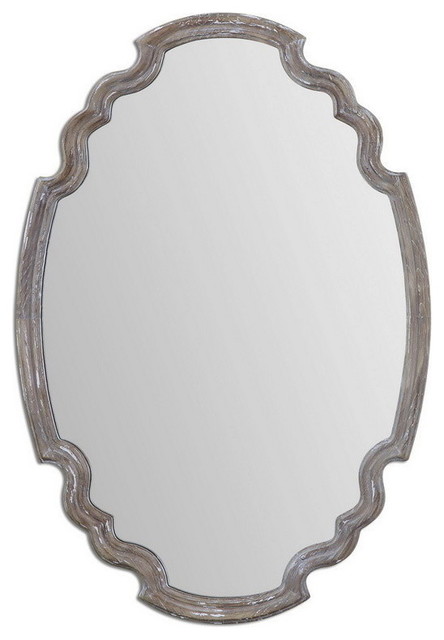 Sculpted Oval Gray Wood Wall Mirror, Rustic Oval Wood Mirror