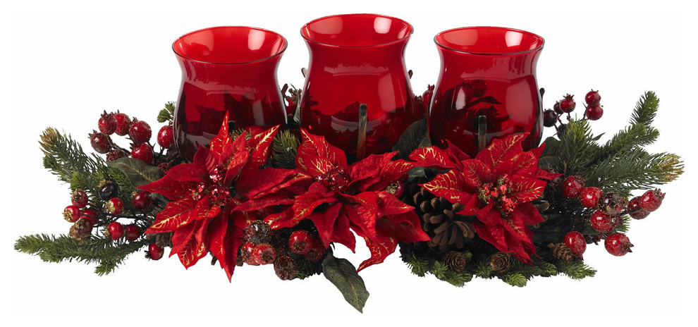 Poinsettia and Berry Triple Candelabrum, Red