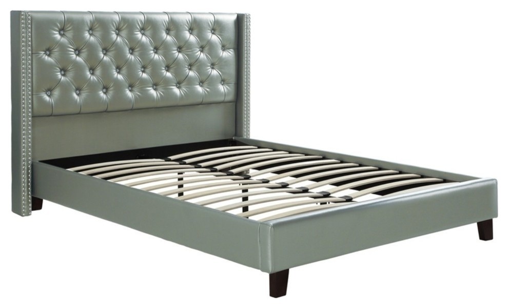 Faux Leather Upholstered Queen Size Bed Featuring Nail Head Trim