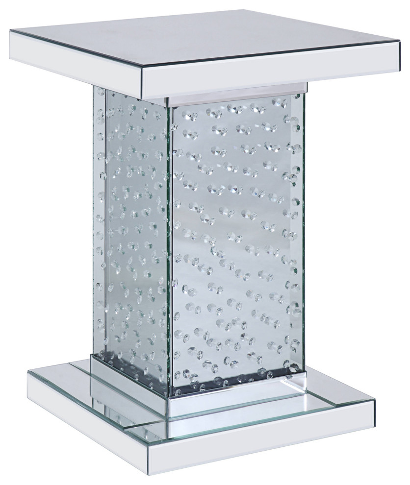 Benzara BM195940 Wood and Mirror End Table with Faux Crystal Inlays