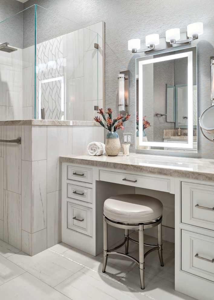 Photo of a small transitional master bathroom in Phoenix with white tile, porcelain tile, porcelain floors, quartzite benchtops, white floor and recessed-panel cabinets.