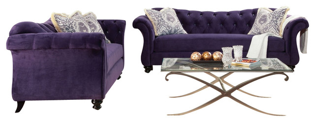 Purple Velvet Fabric Upholstered Sofa Set With Jeweled Tufted Design