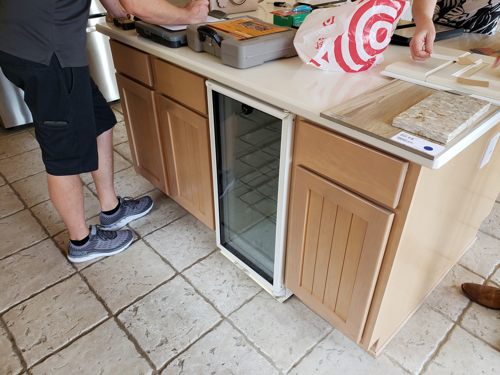 Mid-sized transitional ceramic tile and beige floor open concept kitchen photo in Phoenix with an undermount sink, shaker cabinets, beige cabinets, quartz countertops, gray backsplash, subway tile backsplash, an island and multicolored countertops