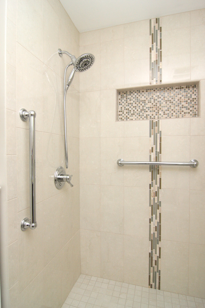 Example of a small transitional 3/4 beige tile and porcelain tile porcelain tile home design design with an integrated sink, furniture-like cabinets, dark wood cabinets, solid surface countertops, a two-piece toilet and white walls